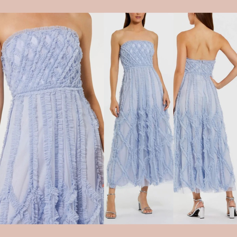 NWT Mac Duggal [ 4 ] 8277 Mesh‎ Ruffle Strapless A-Line Midi Dress Blue S2040